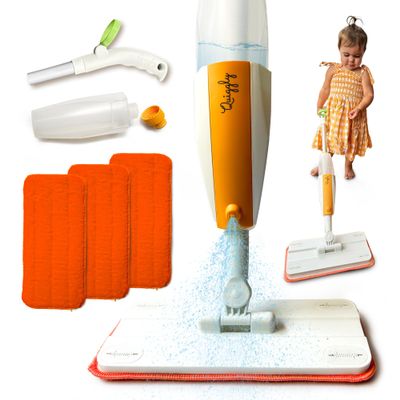 Quiggly Toddler Spray Mop Bundle  for Ages 35 - Two-Handed Montessori Cleaning Toy with Real Water Sprayer + 2 Extra Washable Mop Pads