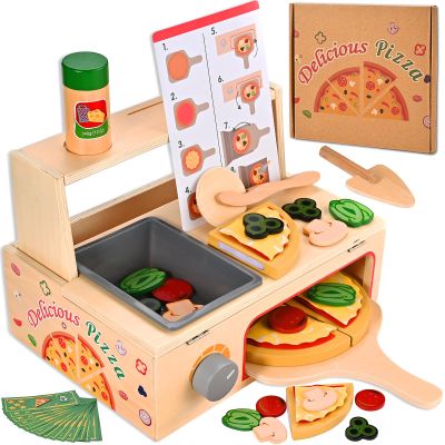WoodTrove Wooden Pizza Toy, Wooden Pizza Counter Playset with Bake Oven, Montessori Pretend Play Toys, Play Food and Accessories, Cooking Pretend Play Toys for Boys Girls Age 3+