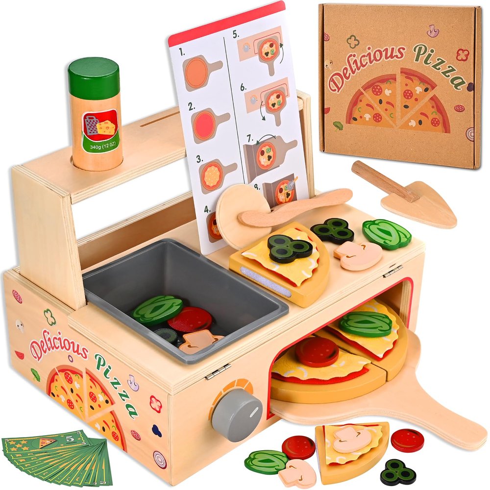 WoodTrove Wooden Pizza Toy, Wooden Pizza Counter Playset with Bake Oven, Montessori Pretend Play Toys, Play Food and Accessories, Cooking Pretend Play Toys for Boys Girls Age 3+