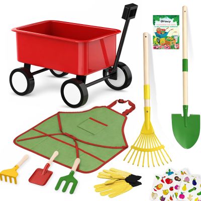 Qtioucp Kids Gardening Wheelbarrow Set, Metal & Wooden Garden Tools for Kids Ages 3-8, Real Wheelbarrows with Apron, Gloves & STEM Guide, Outdoor Backyard Garden Toy Gift