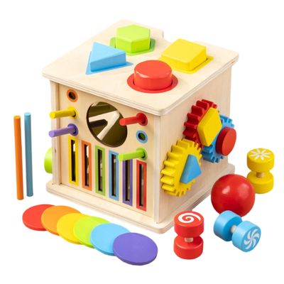 Wooden Activity Cube  Wooden 17x15.5x15cm | Shape Sorter Cube, Fine Motor Color Matching Sorting Board Boys Kids to Develop Skills at Home, Birthday, Party, Playroom and Classroom Use