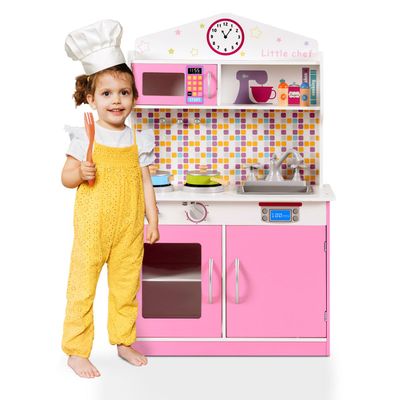 CHEFJOY Kids Kitchen Playset, Wooden Play Kitchen with Realistic Sounds, Removable Sink & Faucet, Microwave, Cookware, Pretend Cooking Toy for Toddlers 3+ (Pink)