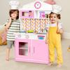 CHEFJOY Kids Kitchen Playset, Wooden Play Kitchen with Realistic Sounds, Removable Sink & Faucet, Microwave, Cookware, Pretend Cooking Toy for Toddlers 3+ (Pink) view 2
