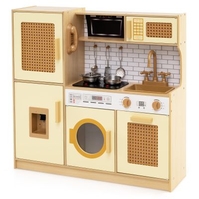 CHEFJOY Kids Kitchen, Wooden Toddler Montessori Pretend Play Toy with Rattan Door, Light & Sound, Water Dispenser, Washing Machine, Range Hood, Cookware, Pretend Play Kitchen for Kids 3+ (Yellow)