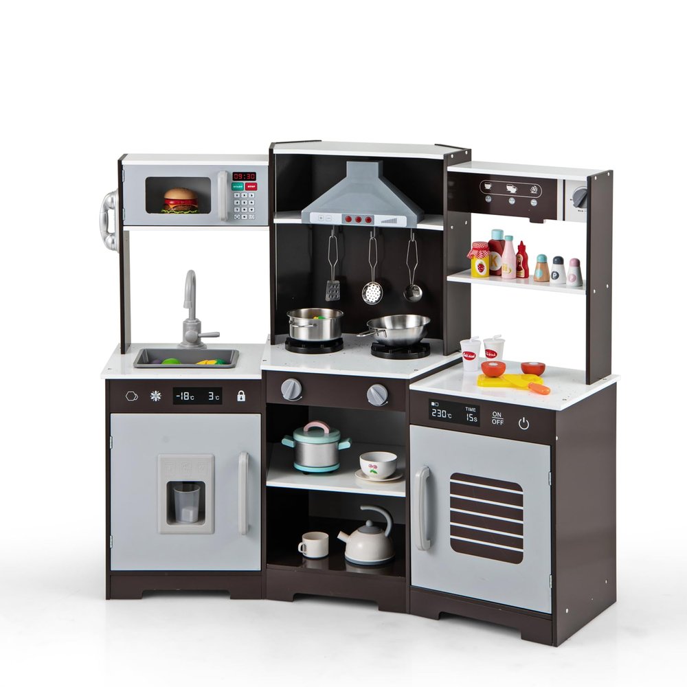 CHEFJOY Kids Kitchen, Corner Playset with Lights & Sounds, Range Hood, Ice Maker & Coffee Maker, Microwave, Sink, Faucet, Little Chef Pretend Play Kitchen for Toddlers, Kids 3+, Indoor (Brown)