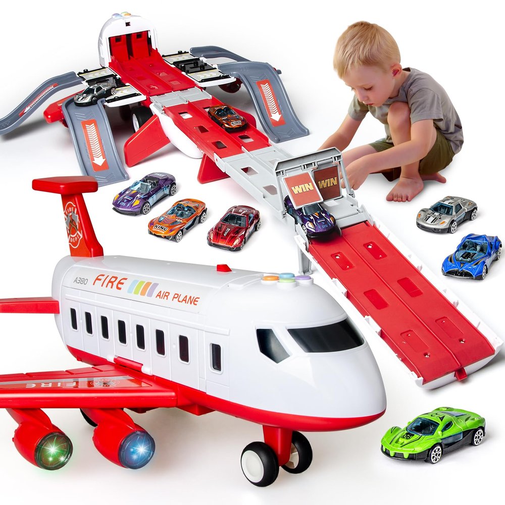 Airplane Toys for Toddlers 3-5, Foldable 4 Layer Toddler Car Track Playset, Toy Plane Transport Car Carrier & 6 Race Cars,Toy Airplane for Boys Age 4-7,Plane Toy for Birthday, Chritmas Gift