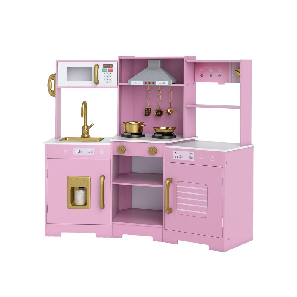 CHEFJOY Kids Kitchen, Corner Playset with Lights & Sounds, Range Hood, Ice Maker & Coffee Maker, Microwave, Sink, Faucet, Little Chef Pretend Play Kitchen for Toddlers, Kids 3+, Indoor (Pink)