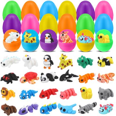 Capoda 24 Pack Easter Eggs With 3D Printed Animals Eggs Colorful Plastic Filled with Flexible Mini Animals Easter Egg Fillers for Basket Stuffers Egg Hunt Supplies Spring Party