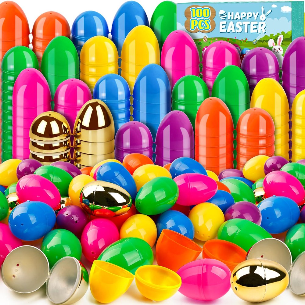 Adisher 100Pcs Easter Eggs, Plastic 3.0" Colorful Easet Eggs with 6Pcs Golden Eggs Bulk Empty Fillable for Easter Hunt Party Favor Basket Stuffers, Filling Treats, Classroom Prize Supplies for Kids