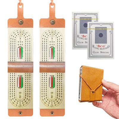 2PCS Travel Cribbage Board Game Set,Leather Foldable Cribbage Game with 6 Pags and 1 Playing Cards, Travel Portable Cribbage with Cards Storage Area, Board Games for Adults for Game Night