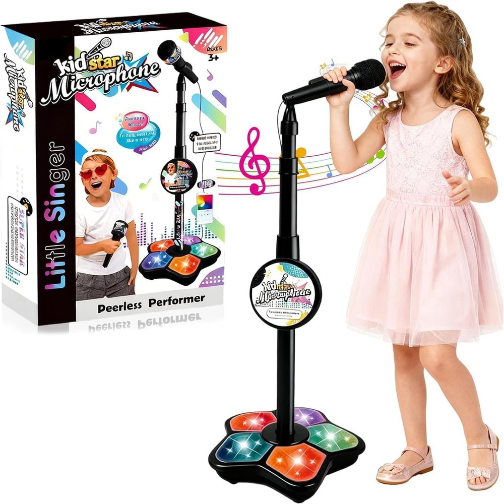 2026 New Star Kids Microphone with Stand, Portable Karaoke Machine for Singing, with Stand Adjustable, Speaker & Led Lights, Move to Play for Singing, Music Play, Fun and Easy-to-Use (Black)