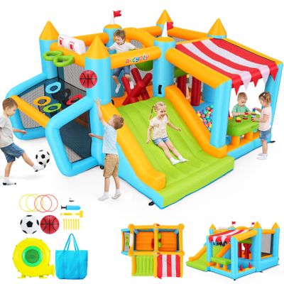 AKEYDIY Bounce House, Inflatable Obstacle Course Bouncy House for Kids, Indoor/Outdoor Bouncy Castle with Shade Stand,Boxing Column,Ring Toss Game&Ball Pool,450W Blower,Jump House for Backyard