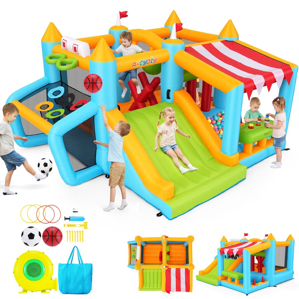 AKEYDIY Bounce House, Inflatable Obstacle Course Bouncy House for Kids, Indoor/Outdoor Bouncy Castle with Shade Stand,Boxing Column,Ring Toss Game&Ball Pool,450W Blower,Jump House for Backyard