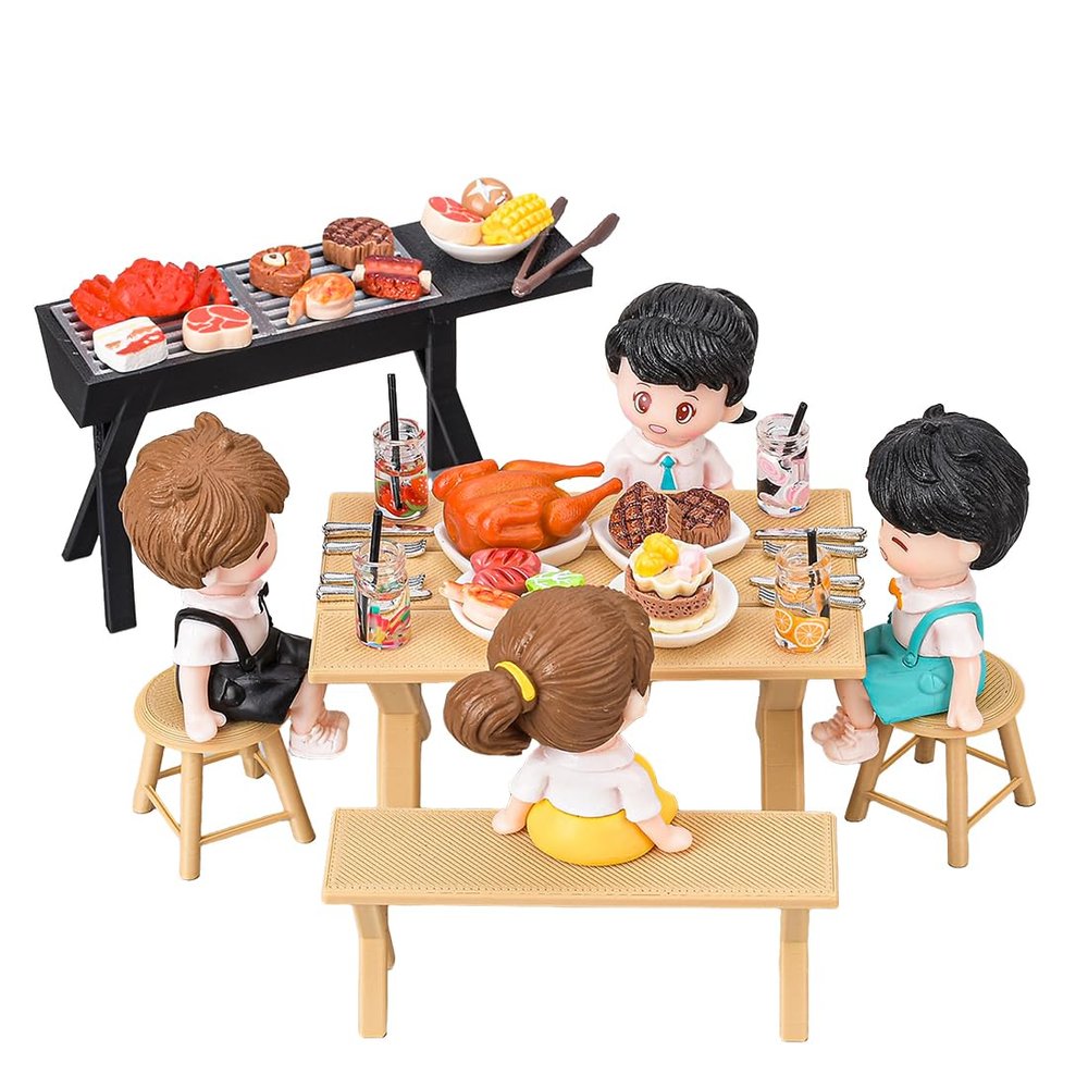 1/12 Scale Mini Realistic BBQ Grill and Picnic Table Model Set, Food-Play Props, Prentend-Play Accessory Set (Table and Chair + Grill + Figure + Food Items)