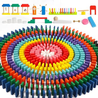 BROWCHELYES 1000 PCS Dominoes Set for Kids with Extra 11 Blocks, Wooden Building Blocks 10 Colors Dominoes Racing Tile Games Educational Toy for Kids Birthday Party with Storage Bag