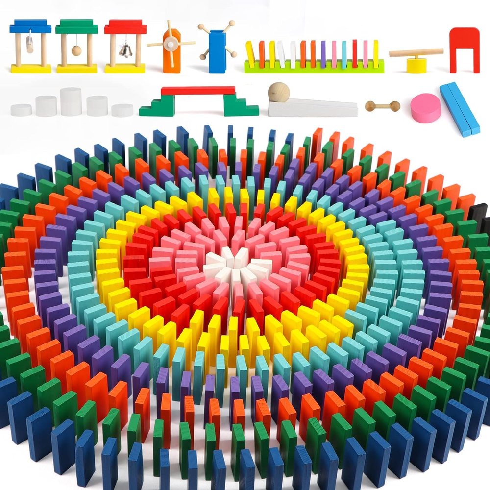 BROWCHELYES 1000 PCS Dominoes Set for Kids with Extra 11 Blocks, Wooden Building Blocks 10 Colors Dominoes Racing Tile Games Educational Toy for Kids Birthday Party with Storage Bag