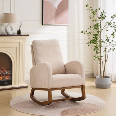 GOWE 27.2" W Rocking Chair for Nursery, Polyester Glider Chair with High Back and Side Pocket, Rocking Accent Armchair with Rubber Wood Legs for Living Room/Bedroom.Beige