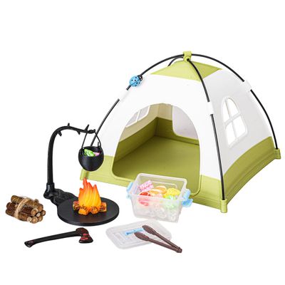 1/12 Scale Mini Realistic Camping and Picnic Model Set, Food-Play Props, Prentend-Play Accessory Set (Green Tent + Light + Ladybug + Picnic Food Items/Light-Up)