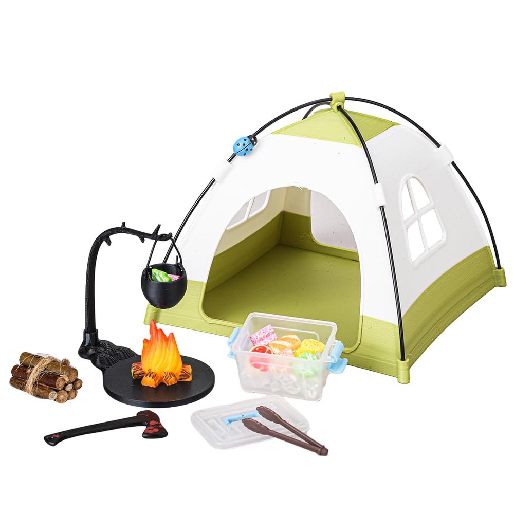 1/12 Scale Mini Realistic Camping and Picnic Model Set, Food-Play Props, Prentend-Play Accessory Set (Green Tent + Light + Ladybug + Picnic Food Items/Light-Up)