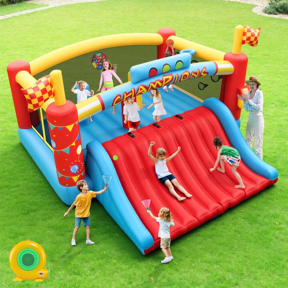 AKEYDIY Big Inflatable Bounce House for Big Kids, Blow up Extra-Wide Slide/Climbing Racing Themes Play Center for Part - Backyard Obstacle Jump Bouncy Castle w/Blower Gift Family Fun (XL Bounce House)