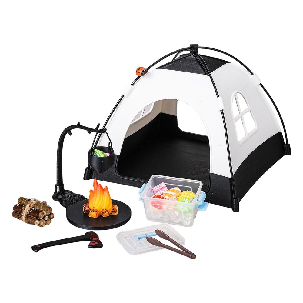 1/12 Scale Mini Realistic Camping and Picnic Model Set, Food-Play Props, Prentend-Play Accessory Set (Black Tent + Light + Ladybug + Picnic Food Items/Light-Up)