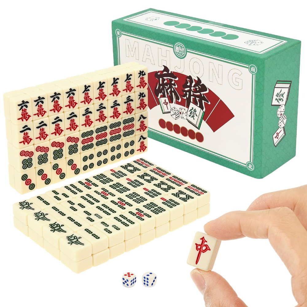 Tcwhniev Mini Mahjong Travel Set, Mahjong Set Portable Chinese Traditional Board Game with 2 Dice and 146 Tiles for Leisure Travel Party Family Games