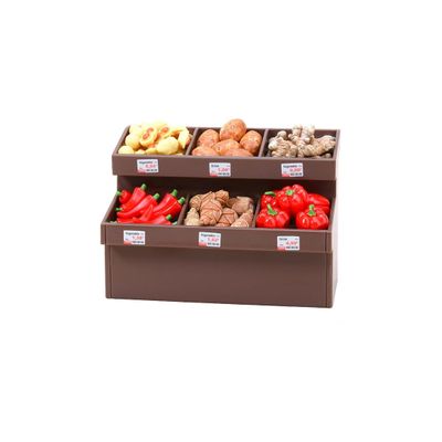 1/20 Scale Mini Realistic Vegetable Rack Model, Supermarket Props, Prentend-Play Accessory Set (Brown Vegetable Rack + 40 Vegetables)
