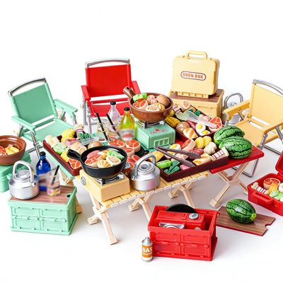 1/12 Scale Mini Realistic Camping Picnic Table and Chair Model Set, Dollhouse Food-Play Props, Prentend-Play Accessory Set (3-Color Camping Accessories + Food Items)