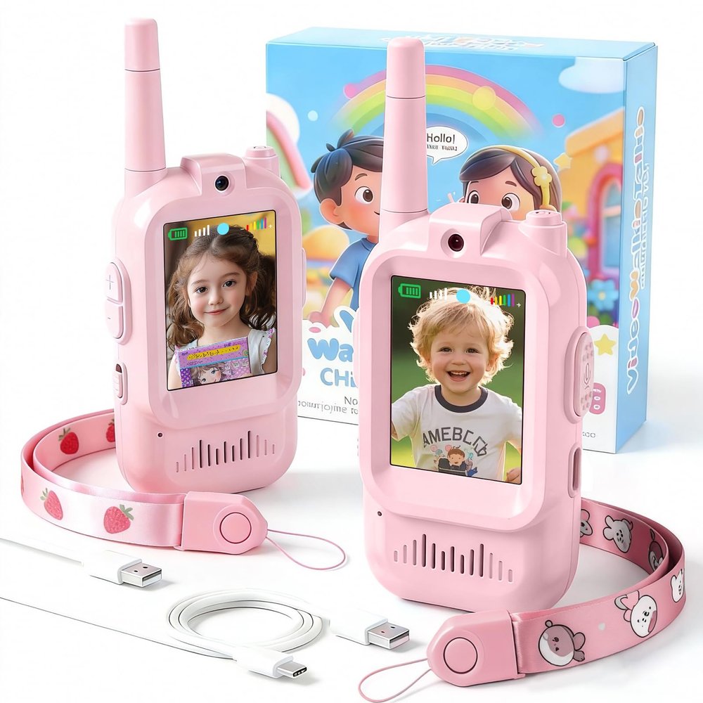 2-Pack Kids Video Walkie Talkies HD Camera 4-Effect Voice Changer, Rechargeable Long-Range 2-Way Radios, 400 m Open Field, Eco ABS, Indoor Outdoor Camping Toy, Gift for Boys Girls 3-12(Pink)