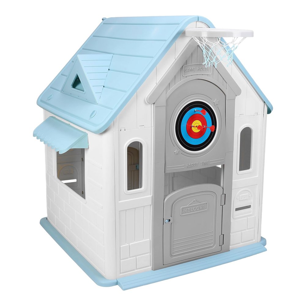 ToysCentral Basics Indoor/Outdoor Playset with Basketball Hoop Dartboard Plastic Playhouse Outdoor Playhouse for 2-5 Years