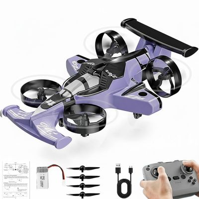 2-in-1 Flying RC Car Drone with 360 High Speed Rechargeable Dual-Mode Remote Control, 3 Speeds Drifting Stunt Drone Air Plane, 2.4Ghz 4WD Stunt RC Vehicle for Indoor/Outdoor, Purple