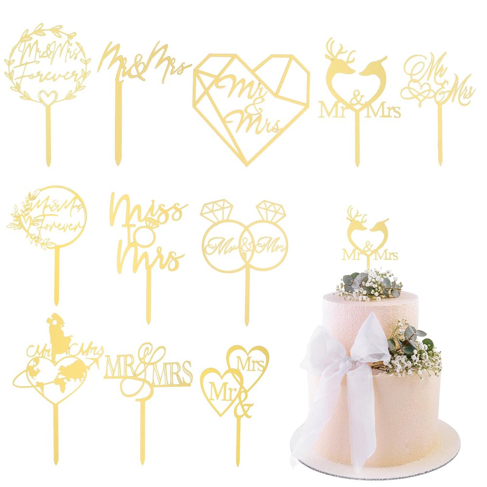 11PCS Gold Mr and Mrs Cake Topper, Acrylic Gold Wedding Cake Toppers Bride and Groom, Reusable Wedding Cakes Topper for Weddings, Engagements, Anniversaries, Bridal Shower Cakes Decorations