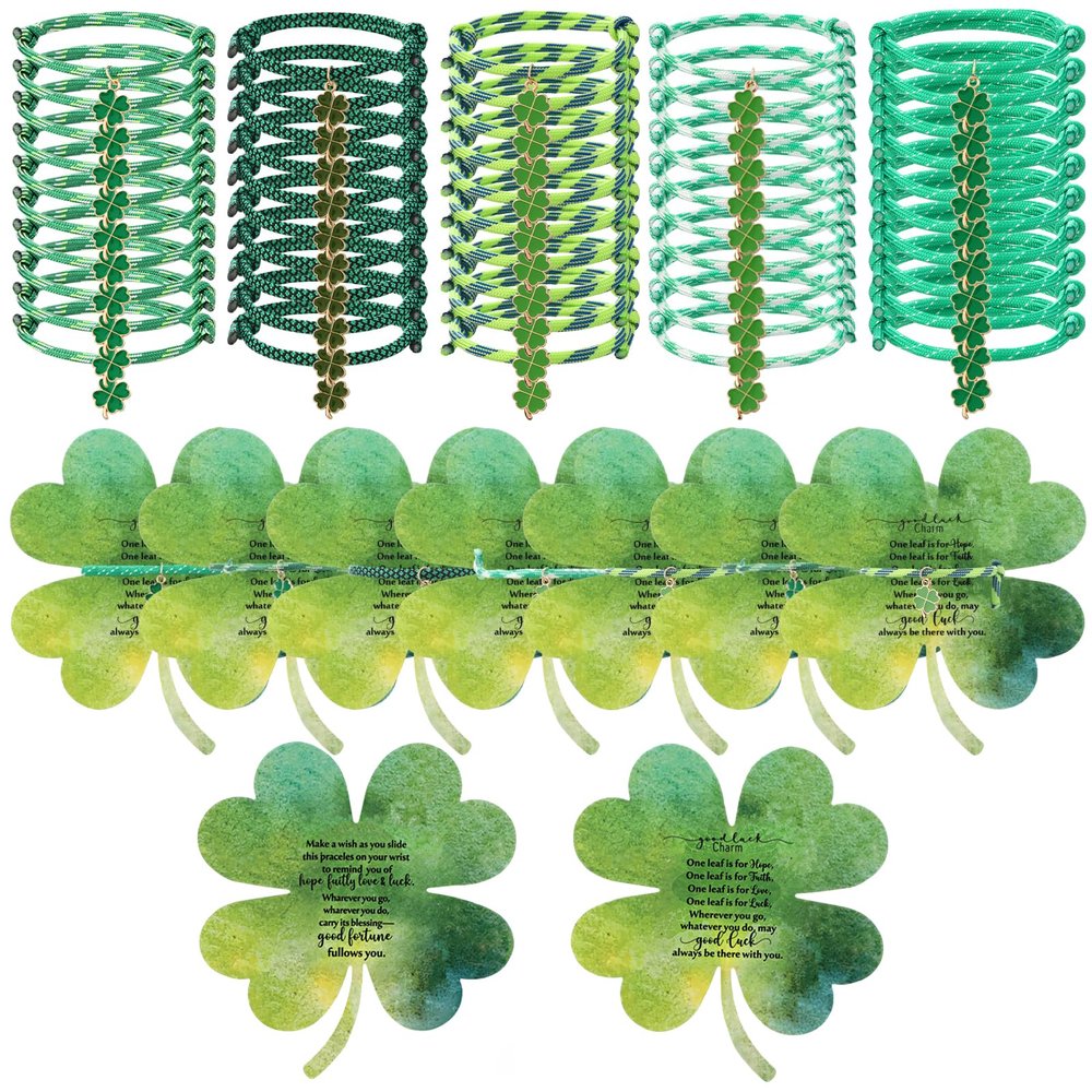 Landical 50 Sets St. Patrick's Day Party Favors Include Irish Green Clover Bracelets Lucky Charm Shamrock Pendant Bracelets Greeting Cards for Friends St. Patrick's Day Party Supplies (Lucky Clover)