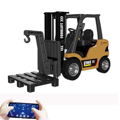 1/64 Scale Remote Control Forklift - RC Forklift Truck, 2 in 1 Transformable Lift Fork & Hook, Full Proportional Mini RC Construction Toy with Lights & Sounds for Kids Adults (Yellow 1pcs)