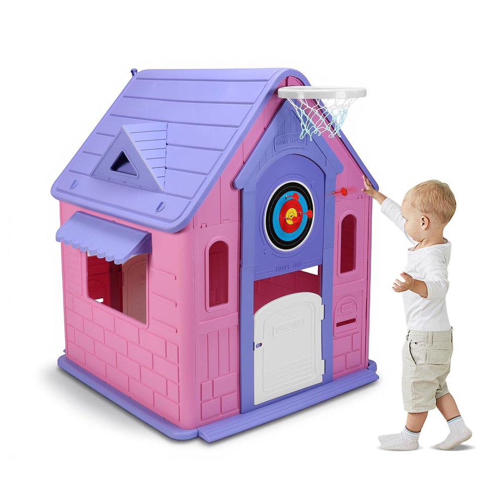 ToysCentral Basics Garden Games Cottage with Basketball Hoop Dartboard Plastic Playhouse Outdoor Playhouse for 2-5 Years