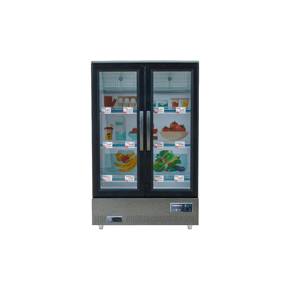 1/20 Scale Mini Food-Play Realistic Double-Door Fridge Model, Miniature Kitchen Supermarket Props, Pretend-Play Fridge Set (Dark Grey Refrigerator + 60 Random Items + Shopping Cart/Light-Up