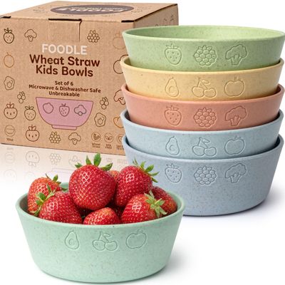 FOODLE 6pcs Wheat Straw Kids Bowls - 12oz Microwave & Dishwasher Safe Toddler Bowls - BPA Free & Non Toxic Dishes for Baby - Unbreakable and Durable Childrens Snack and Cereal Bowl