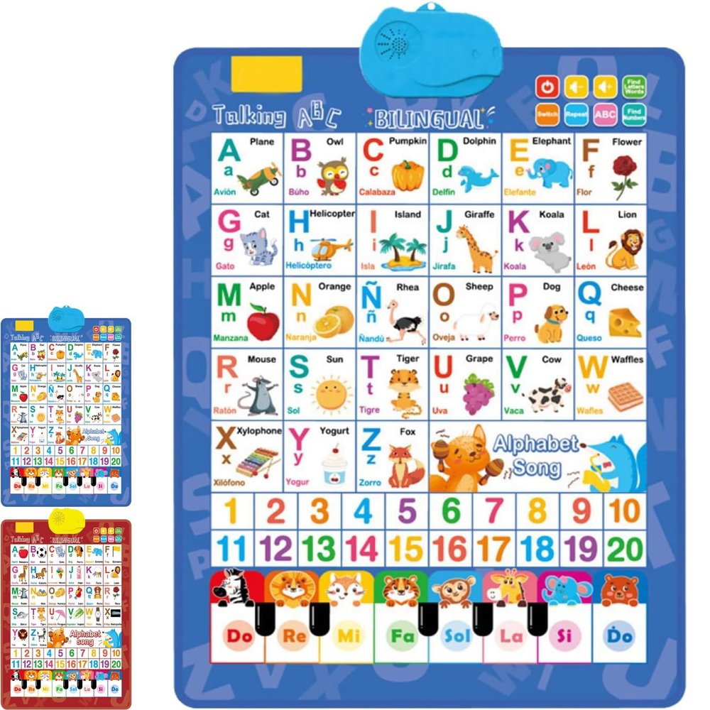 2026 New Bilingual Interactive Wall Chart for Kids English and Spanish Wall Chart for Kids,ABCs, Numbers, Animal Words & Piano,forInteractive Touch Learning Toy for Toddlers 16 (Blue)