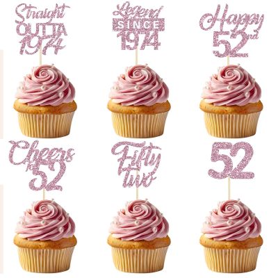 24pcs Happy 52nd Cupcake Toppers Pink Glitter Straight Outta 1974 Cupcake Picks Legend Since 1974 Theme Cheers to 52 Years Birthday Anniversary Party Decoration Supplies