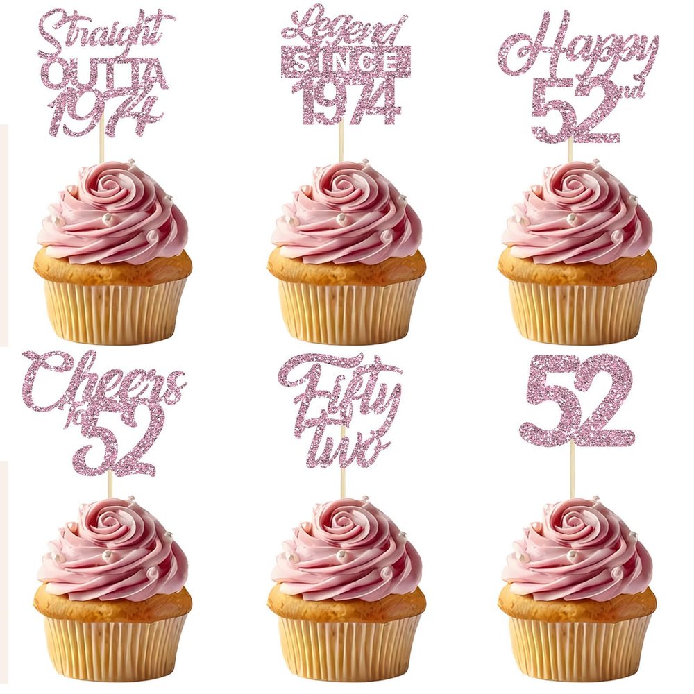 24pcs Happy 52nd Cupcake Toppers Pink Glitter Straight Outta 1974 Cupcake Picks Legend Since 1974 Theme Cheers to 52 Years Birthday Anniversary Party Decoration Supplies