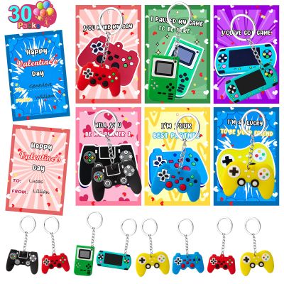 30 Pack Valentines Day Cards Gifts for Classroom, Video Games Keychains with Valentines Greeting Cards for Kids Student Classroom School Exchange Gifts, Valentines Party Favor Goodie Bag Stuffers Toys