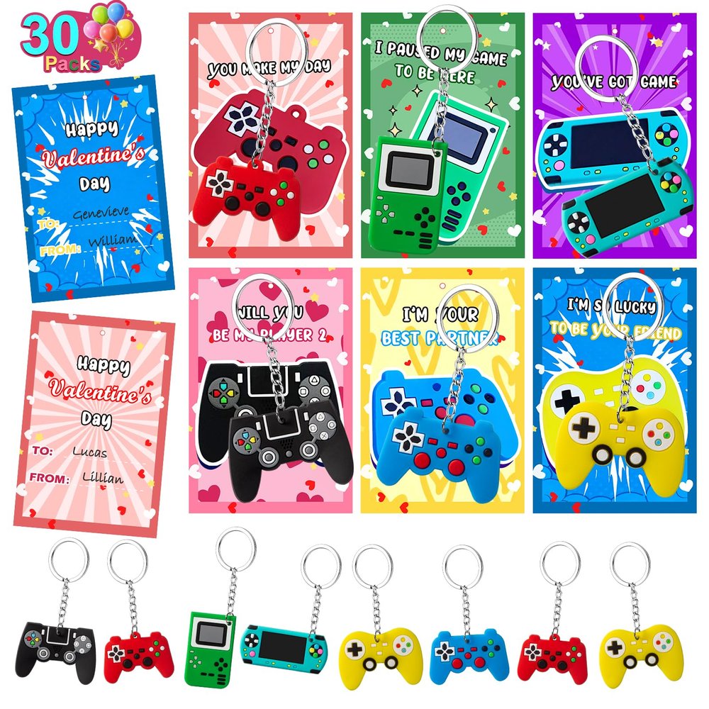 30 Pack Valentines Day Cards Gifts for Classroom, Video Games Keychains with Valentines Greeting Cards for Kids Student Classroom School Exchange Gifts, Valentines Party Favor Goodie Bag Stuffers Toys