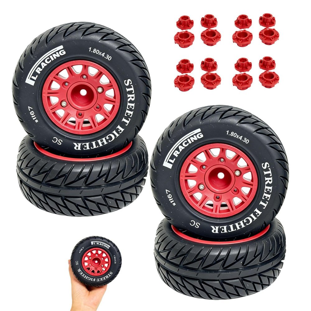 1/8 & 1/10 RC Short Course Truck Tires and Wheels Set 113mm Rubber Tyres 12mm 14mm 17mm Hex Compatible with Traxxas Slash Arrma Senton Tamiya TT02 On Road RC Car 4PCS