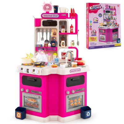 HONEY JOY Corner Kids Kitchen Playset, Plastic Play Kitchen w/Realistic Light & Sound, Music, Running Water & Steam Function, 113 Pcs Cooking Accessories, Toy Kitchen Set for Toddlers Boys Girls(Pink)