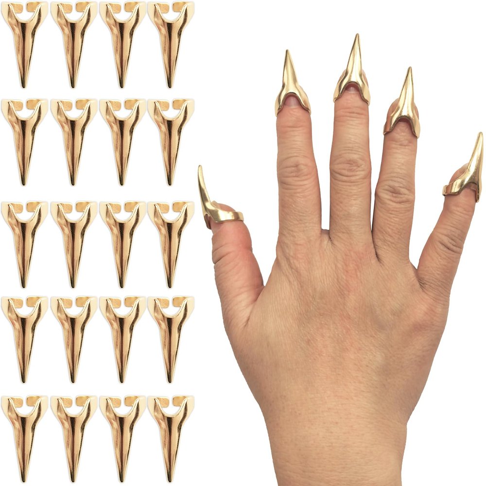 20PCS Golden Finger Claws Rings Full Finger Set, Gothic Punk Rock Metal Talon Nail Armor for Halloween Cosplay, Horror Party Costume Accessories, Vampire Werewolf Fingertip Claws
