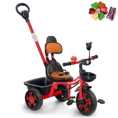 SvgBoMit Kids Tricycle with Extended Push Bar, Stable Triangle Structure, Adjustable Parent Handle, Storage Basket, Safety Belt, Blue, for Ages 2-5 Years, 110 lbs Max Weight (Red)