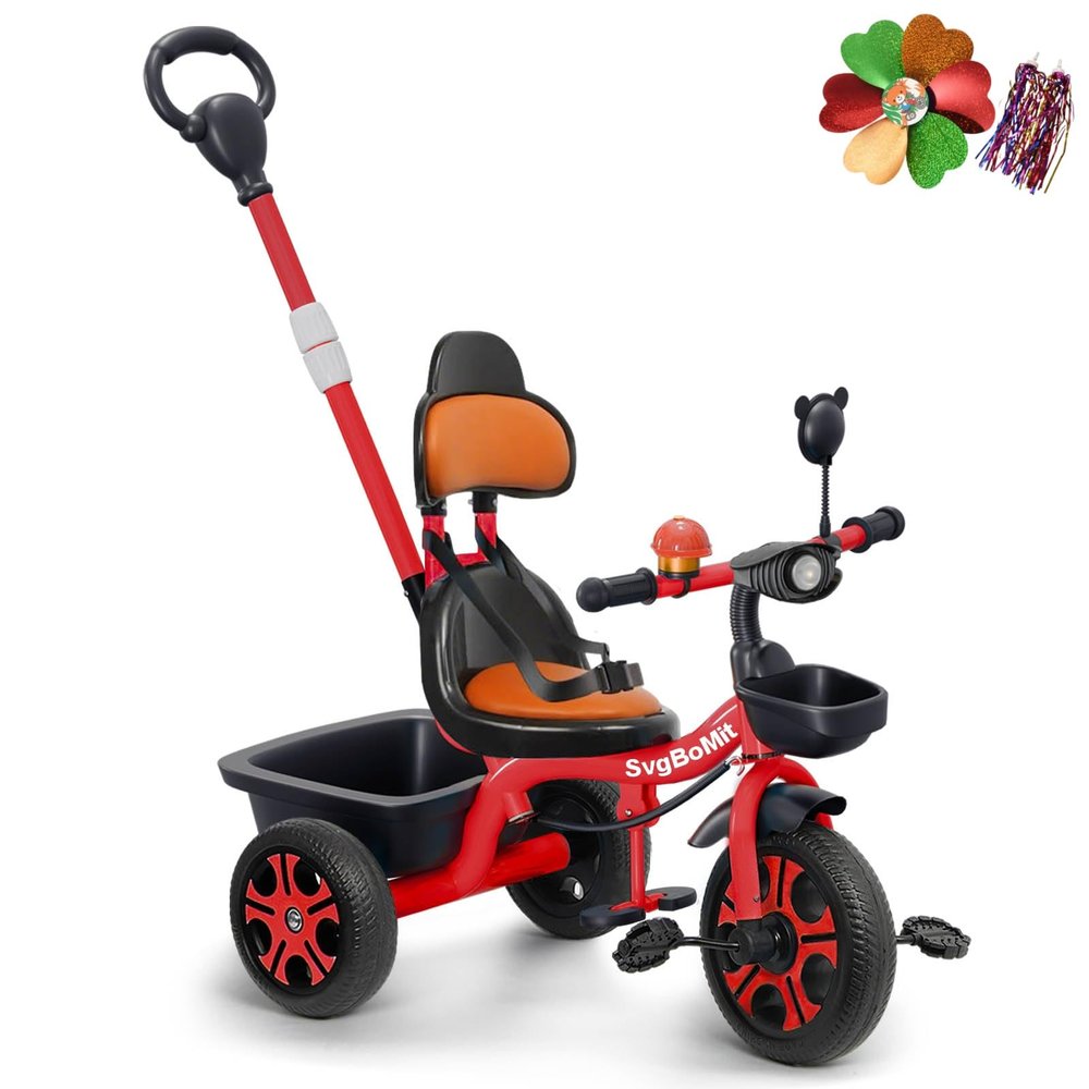 SvgBoMit Kids Tricycle with Extended Push Bar, Stable Triangle Structure, Adjustable Parent Handle, Storage Basket, Safety Belt, Blue, for Ages 2-5 Years, 110 lbs Max Weight (Red)