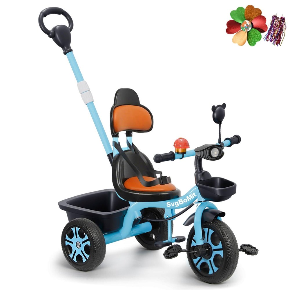 SvgBoMit Kids Tricycle with Extended Push Bar, Stable Triangle Structure, Adjustable Parent Handle, Storage Basket, Safety Belt, Blue, for Ages 2-5 Years, 110 lbs Max Weight (Blue)