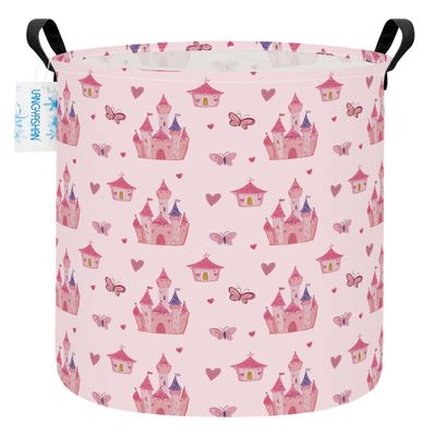 Round Laundry Basket Collapsible Storage Hamper Pink Castle