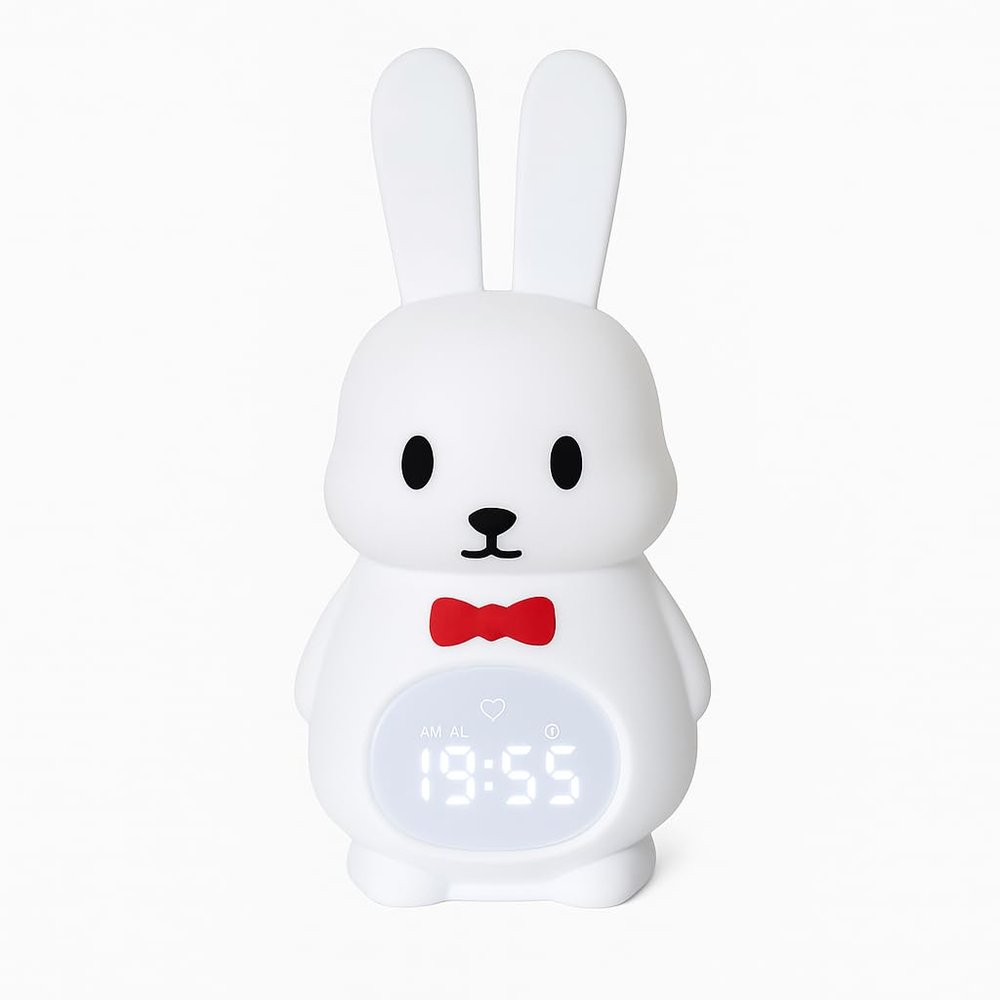 Sleep Trainer Clock for Toddlers with Color Light Cues, Bunny Alarm Clock with Night Light & Sunrise Wake Up, 12 Sounds, App Control, Rechargeable Silicone Nursery Lamp